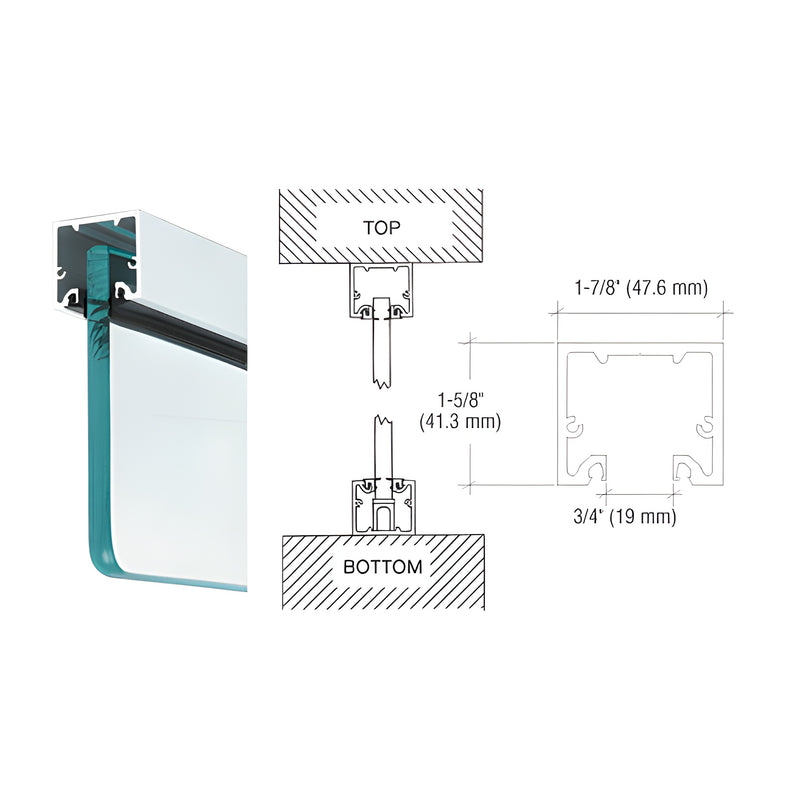 A technical diagram showing a satin anodized aluminum U-channel profile with a glass panel and roll-in glazing gasket.
