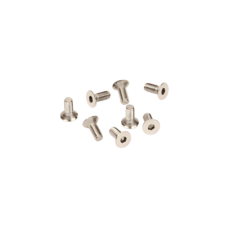 A pack of eight stainless steel flat head Allen screws with a polished nickel finish and hex drive style.