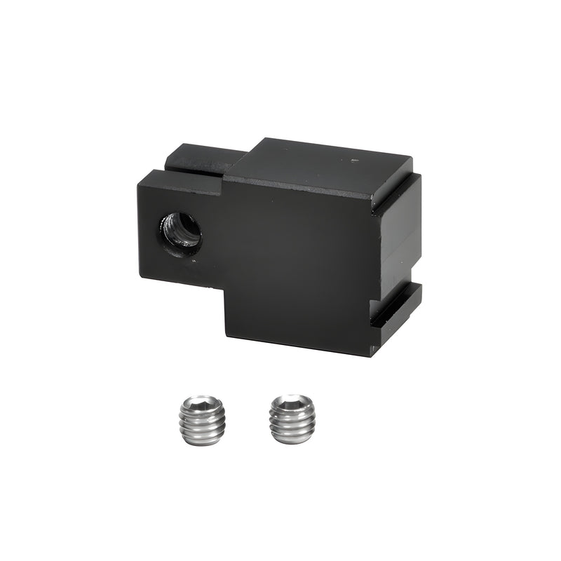 A matte black Fallbrook XL filler block is shown with two small metal set screws positioned below it.