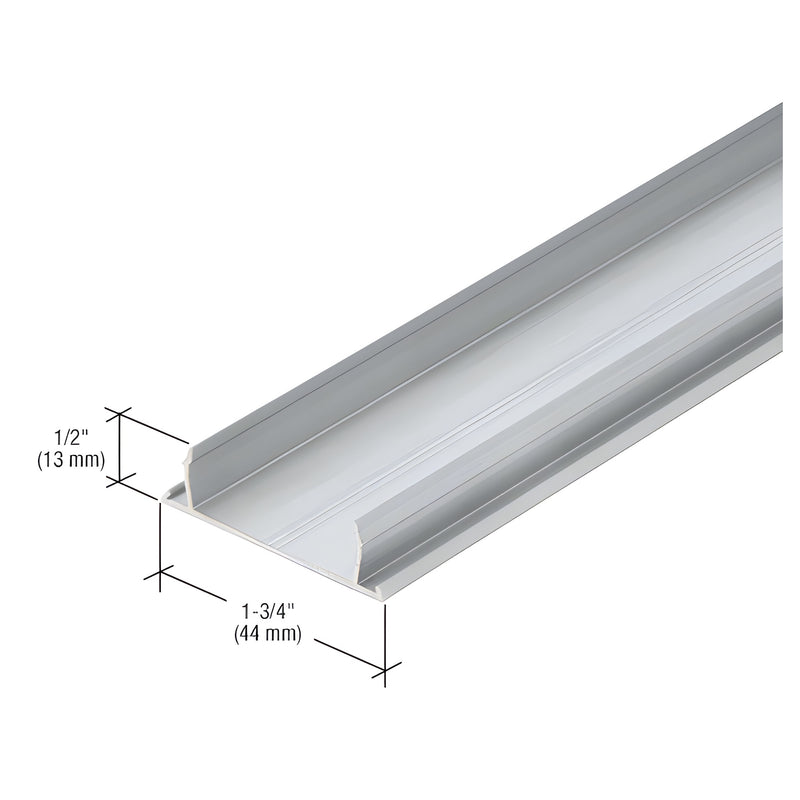 A section of mill finish aluminum narrow stile flat pocket insert showing its 1-3/4 inch width and 1/2 inch height dimensions.