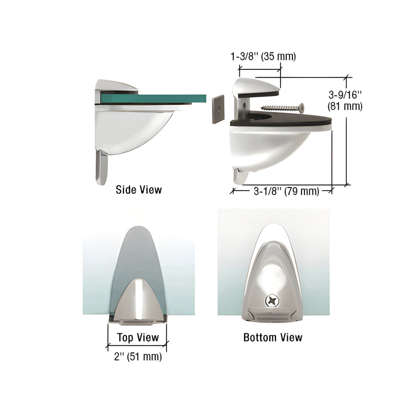Technical diagram showing side, top, and bottom views of a polished chrome heavy-duty adjustable shelf bracket with dimensions.