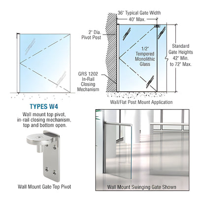 CRL Polished Stainless 1202 Series Custom Wall Mounted Gate w/In-Rail Closing Mechanism, Top and Bottom Open