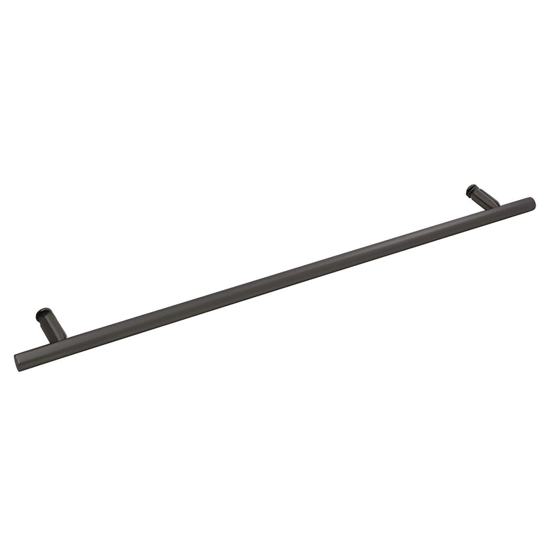 A matte black ladder style towel bar with glass mount hardware shown against a white background.