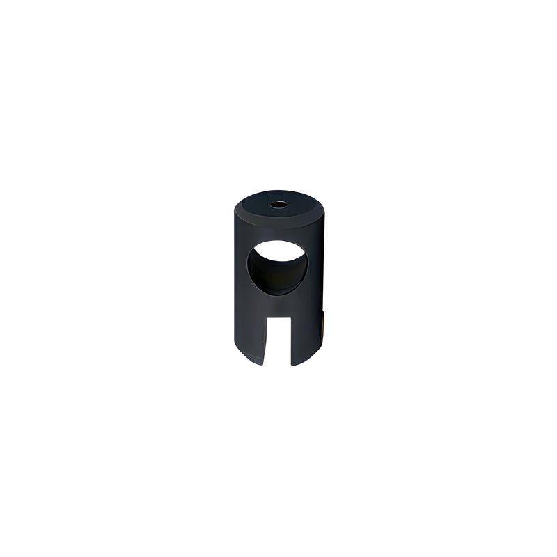 A cylindrical matte black brass movable bracket designed for 3/8 inch to 1/2 inch thick glass panels.
