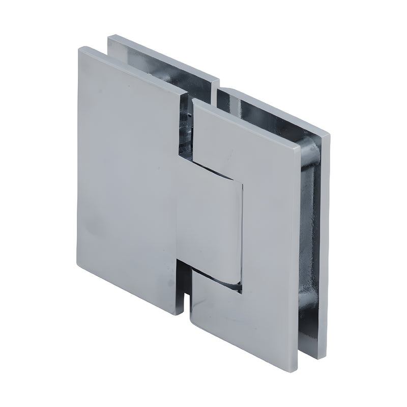 An angled view of the polished chrome Geneva 380 series glass-to-glass shower hinge.