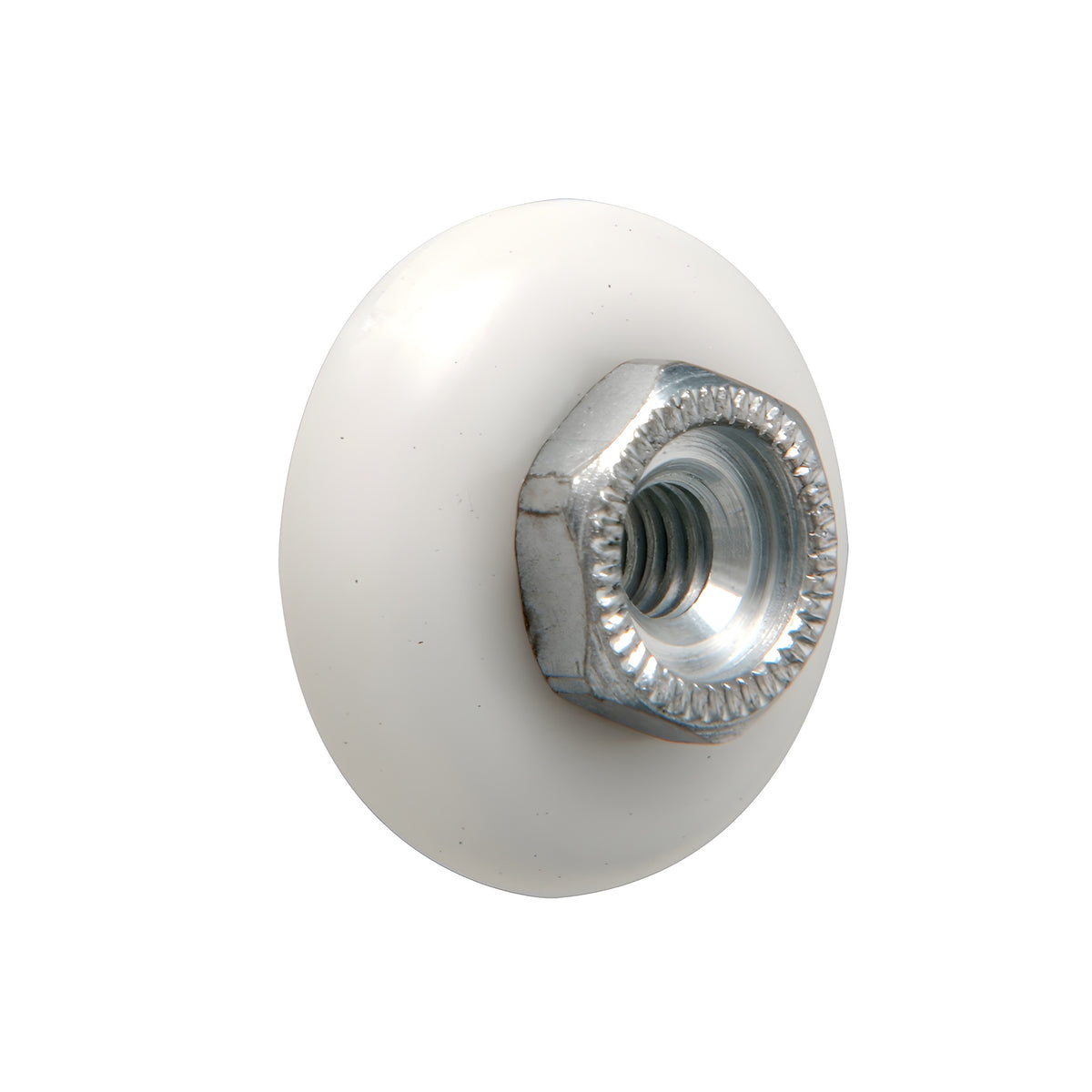 A white nylon shower door roller with an oval edge and a threaded hex hub.