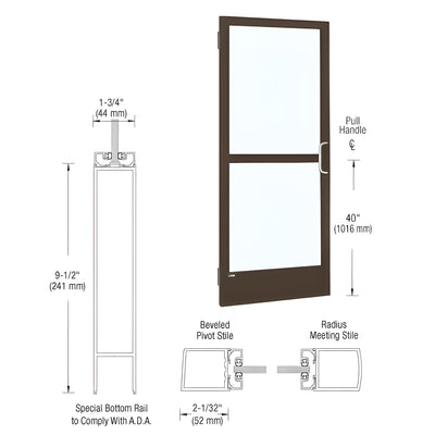 CRL-U.S. Aluminum Bronze Black Anodized 250 Series Narrow Stile Inactive Leaf of Pair 3'0 x 7'0 Offset Hung with Butt Hinges for Surface Mount Closer Complete Panic Door for 1" Glass with Standard Panic and 9-1/2" Bottom Rail