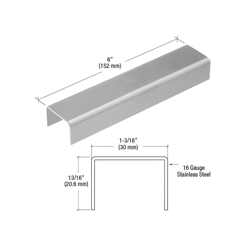 A technical diagram showing the dimensions and profile of a stainless steel connector sleeve for U-channel cap railing.