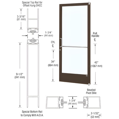 CRL-U.S. Aluminum Bronze Black Anodized Single 36" x 84" Series 250 Narrow Stile Left Side Latch Offset Pivot Entrance Door for 90 Degree Overhead Concealed Door Closer