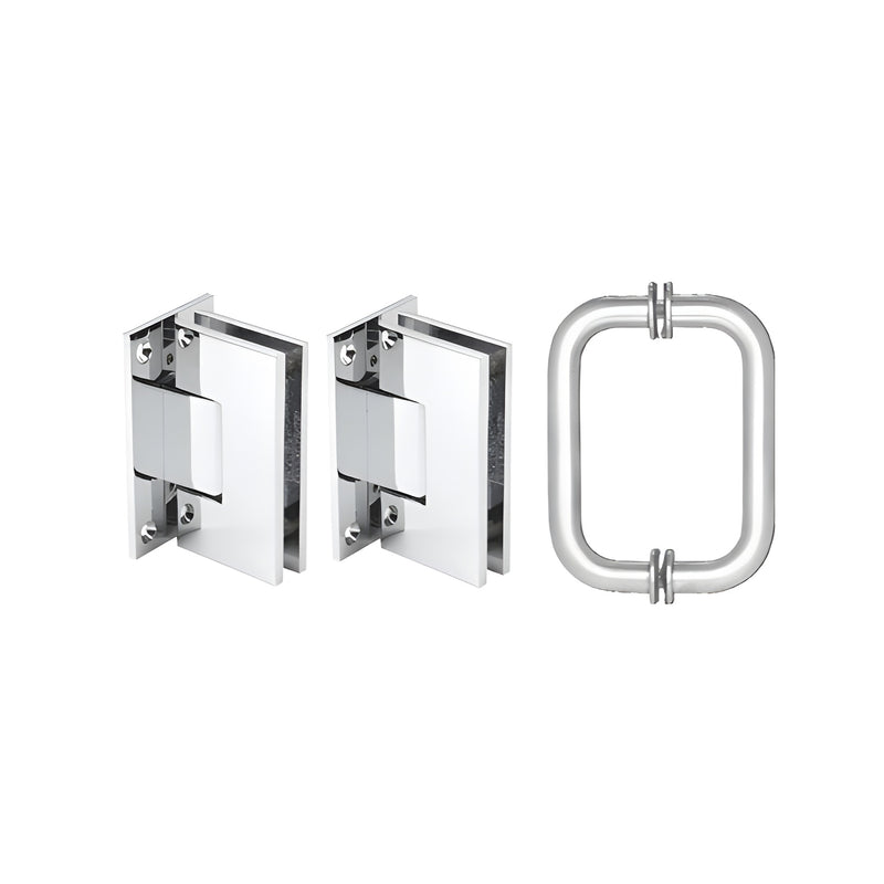 A set of two polished chrome wall-mount shower hinges and a matching rectangular shower door pull handle.