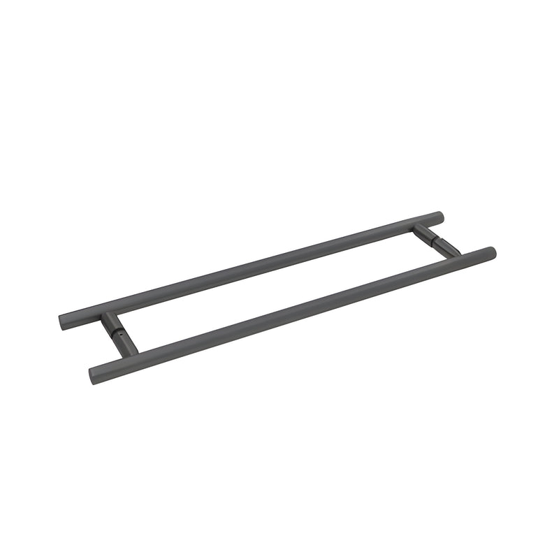 A matte black, ladder-style back-to-back towel bar featuring a tubular brass design for glass shower door mounting.