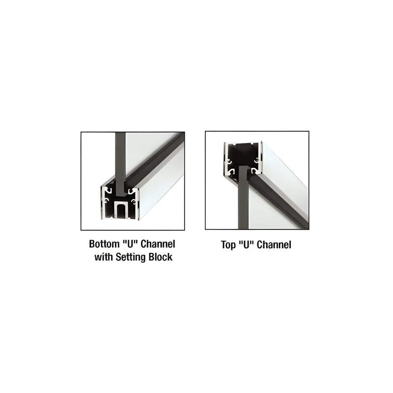A close-up view showing polished stainless steel U-channel profiles with glass panels and roll-in gaskets for top and bottom mounting.