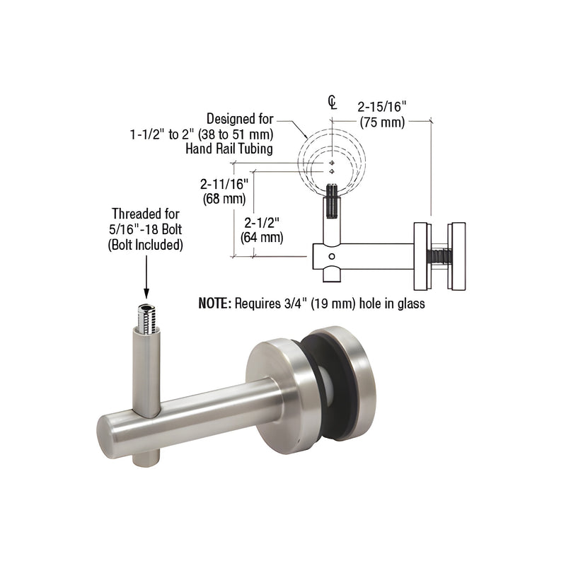 A brushed stainless steel glass-mounted hand rail bracket shown with a technical diagram detailing its 2-15/16 inch projection.