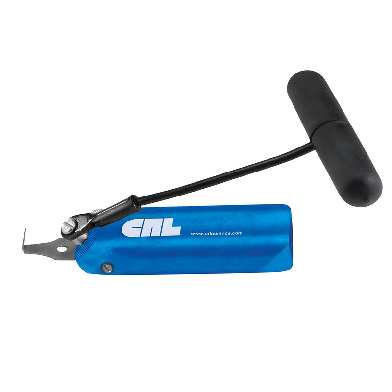 A CRL UltraWiz® cable pull cold knife featuring a blue handle, a metal cutting blade, and a black T-grip handle.