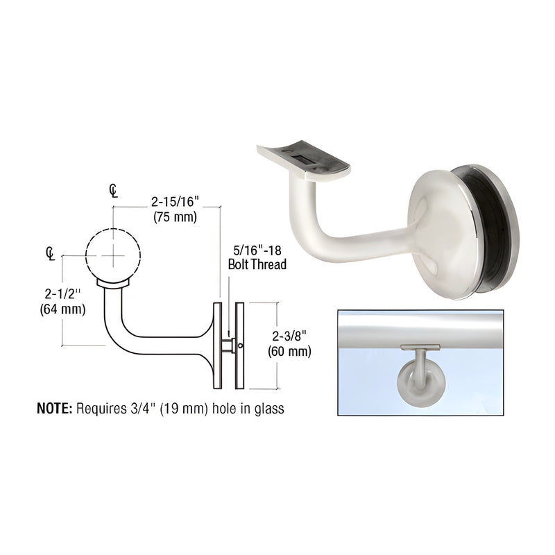A brushed stainless steel Pismo Series glass-mounted hand rail bracket shown with a technical dimension diagram and an installed example.