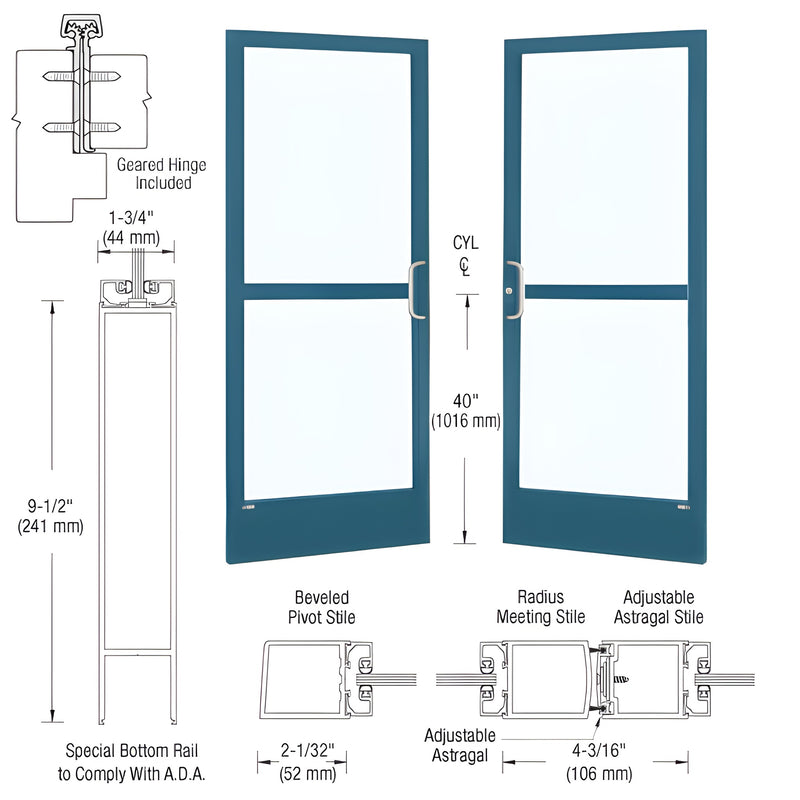 A technical diagram showing a pair of 72" x 84" Series 250 narrow stile entrance doors with gear hinges, custom Kynar finish, and ADA-compliant bottom rails.