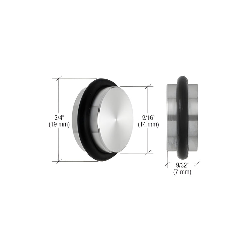 A technical diagram showing the dimensions of a cylindrical brushed stainless steel shelf support with a black rubber ring.