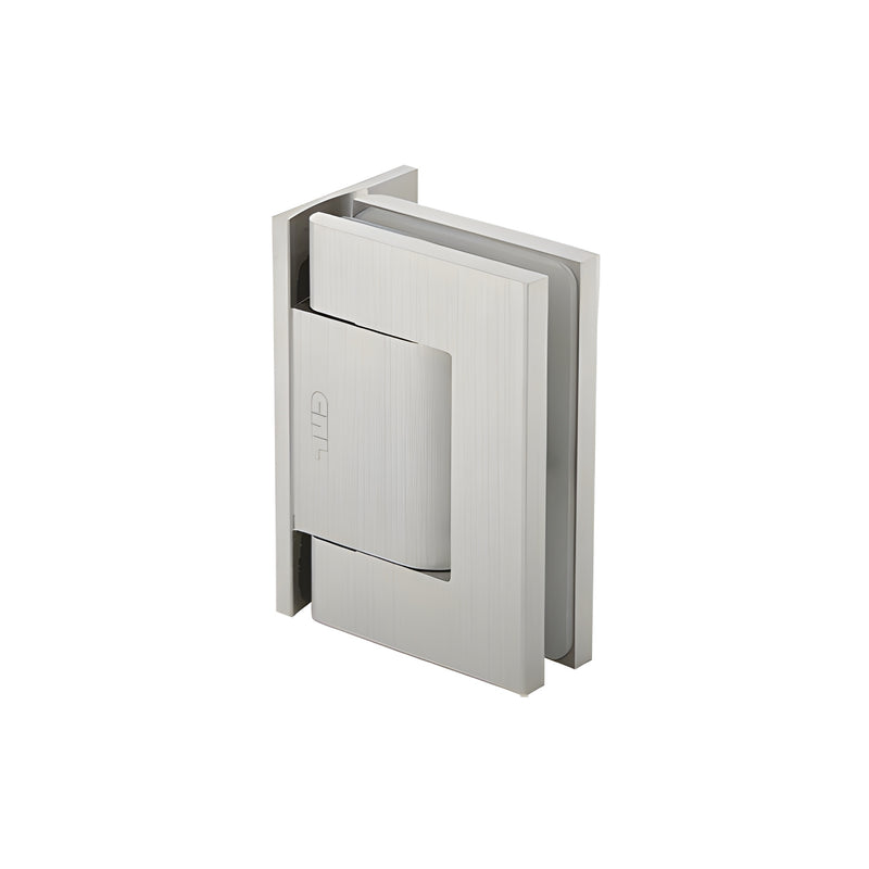 A brushed satin nickel Vernon wall-to-glass hinge with a rectangular offset back plate design.