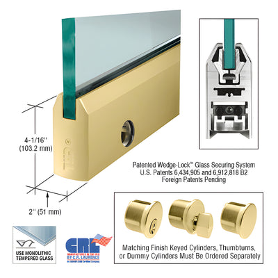 CRL Satin Brass 1/2" Glass 4" Tapered Door Rail With Lock - Custom Length