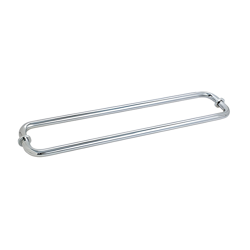 A polished chrome 24-inch back-to-back tubular towel bar with metal washers designed for glass mounting.