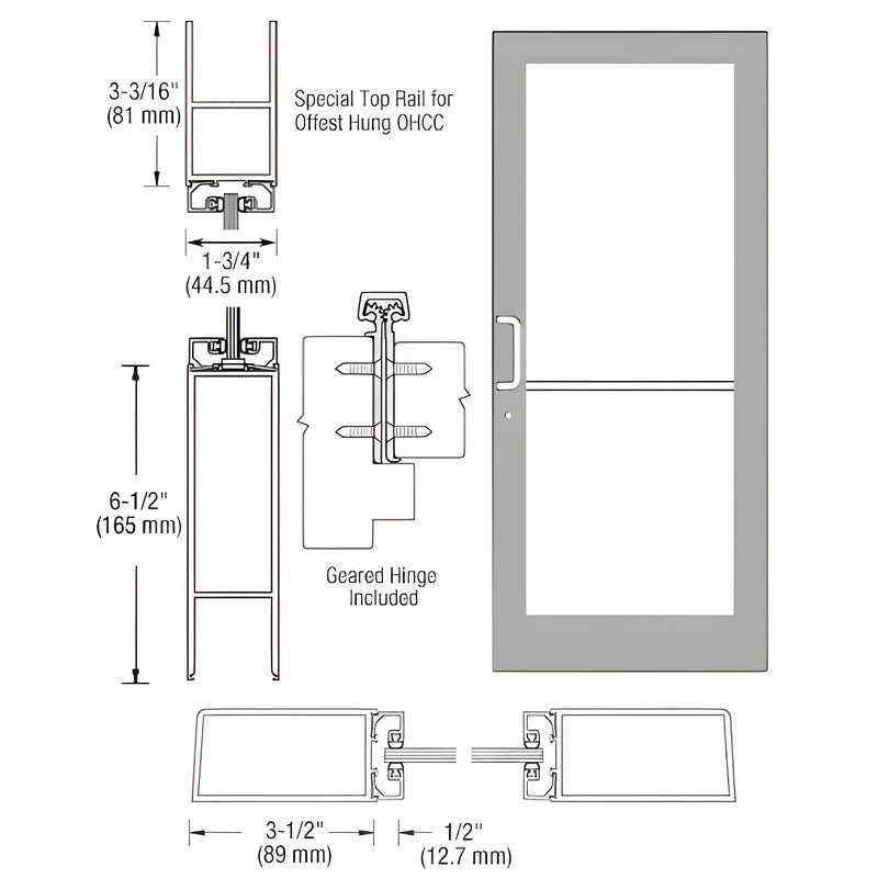 Technical diagram showing the profile dimensions and geared hinge assembly for a Series 400 medium stile entrance door.