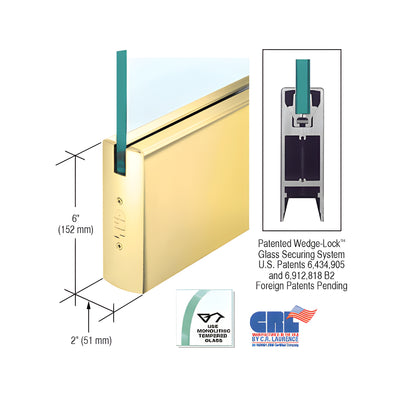 CRL Polished Brass 1/2" Glass 6" Square Door Rail Without Lock - Custom Length