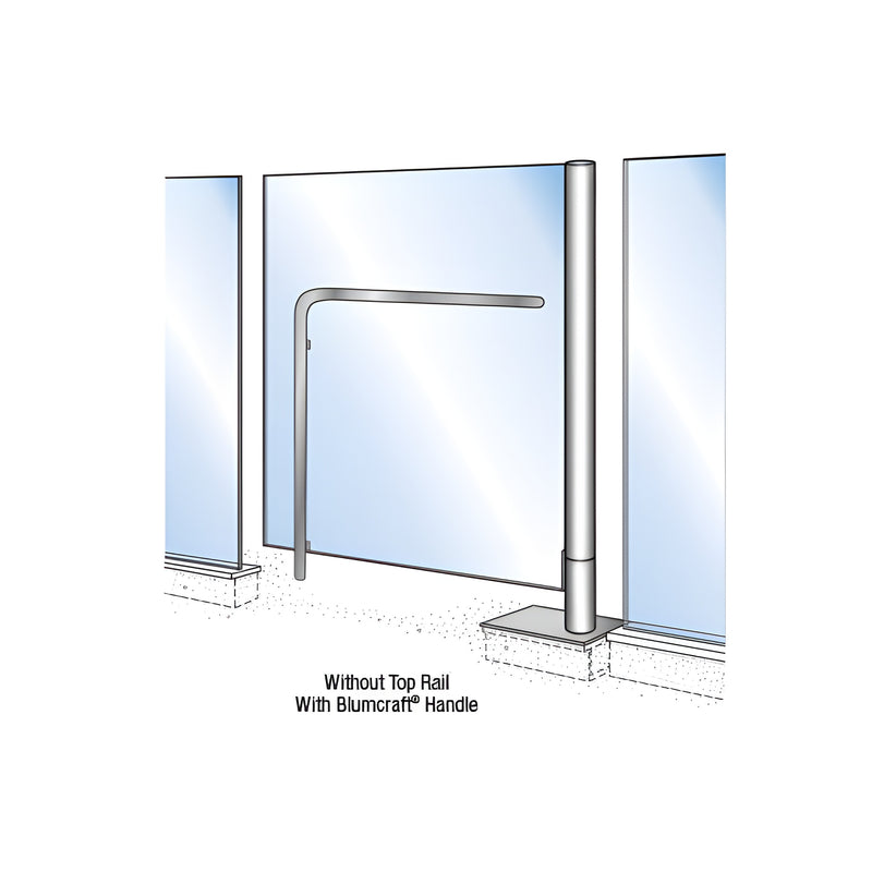A technical illustration showing a free-standing glass gate system with a polished stainless steel post and Blumcraft handle.