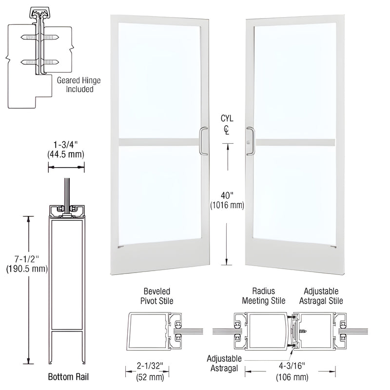 Technical diagram showing a pair of white narrow stile entrance doors with geared hinges, panic hardware, and detailed cross-section measurements.