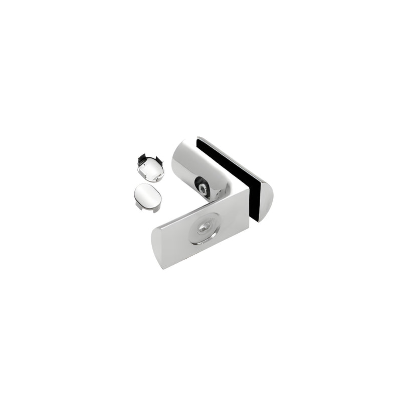 A polished chrome Hydroslide 90-degree wall-to-glass bracket with two small circular cover caps.