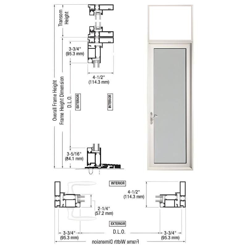 Technical diagram showing the cross-section and elevation of a Series 925 single transom patio door with a white KYNAR finish.