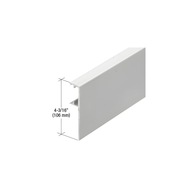 A close-up view of a satin anodized aluminum track cover for wood doors, showing a height dimension of 4-3/16 inches.