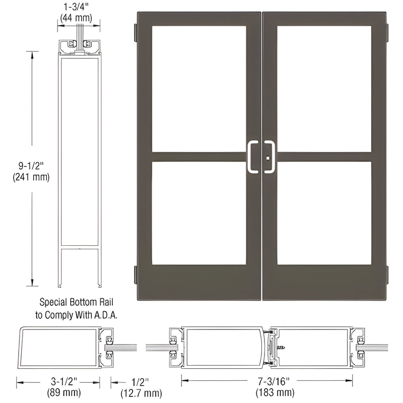 Technical diagram showing the profile and elevation of a pair of Series 400 medium stile butt hinged entrance doors in black bronze anodized finish.