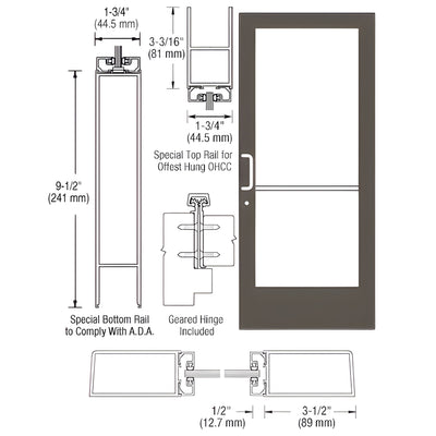 CRL-U.S. Aluminum Bronze Black Anodized Custom Single Series 400 Medium Stile Geared Hinge Entrance Door for Overhead Concealed Door Closer