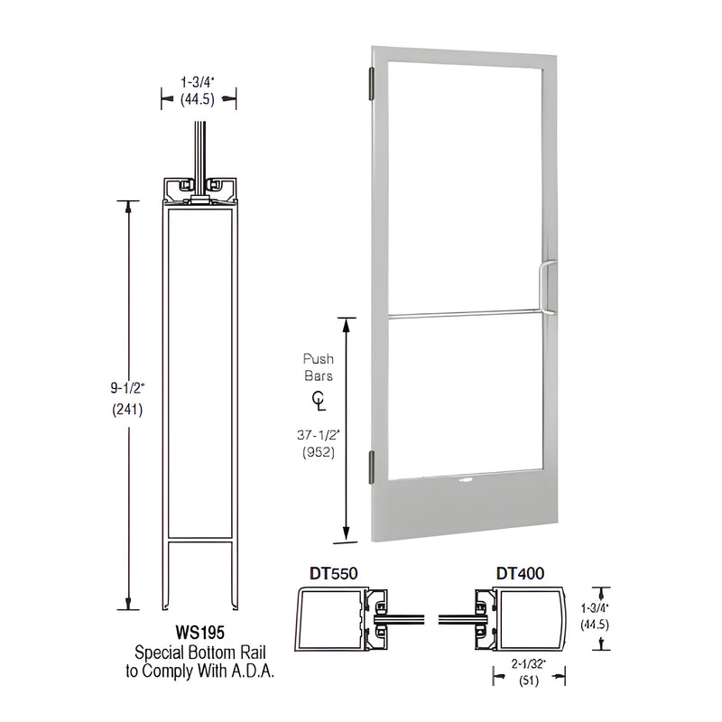 Technical diagram showing the profile and dimensions of a 250 Series narrow stile aluminum door leaf with a 9-1/2 inch bottom rail.