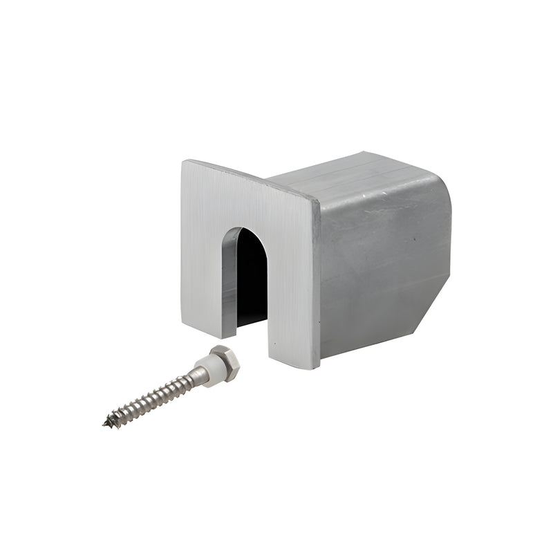 A brushed stainless steel stabilizing end cap for LC10 series cap rails shown with an included mounting screw.