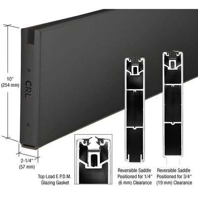 CRL Matte Black 10" Custom Length Square Sidelite Rail for 1/2" Glass