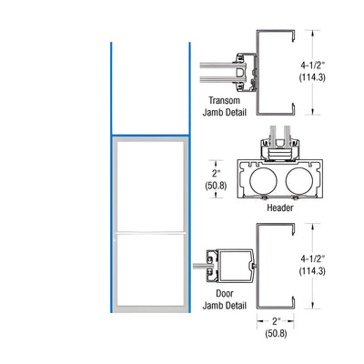 CRL-U.S. Aluminum Clear Anodized 2" x 4-1/2" Open Back H-Frame for Single Door Prepped for Center Hung Overhead Concealed Closer Using Standard Hookbolt