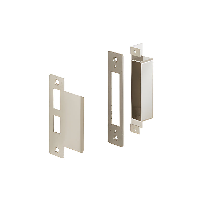 A brushed stainless steel right-hand strike plate set for 6 inch by 10 inch entrance center locks and 4 inch jambs.
