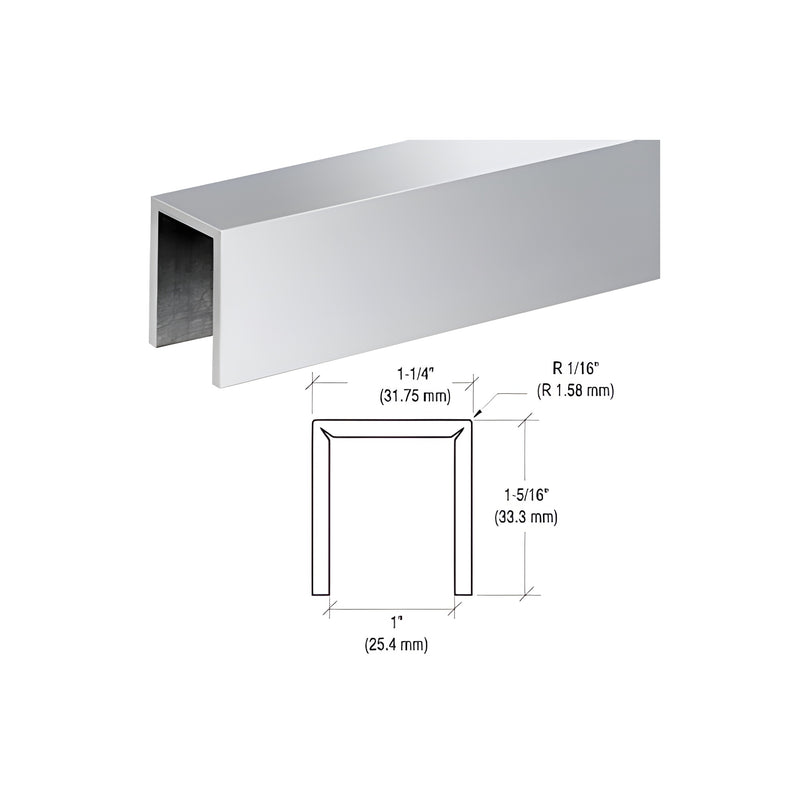 A technical diagram and 3D view of a polished stainless steel U-channel cap railing for 3/4 inch glass.