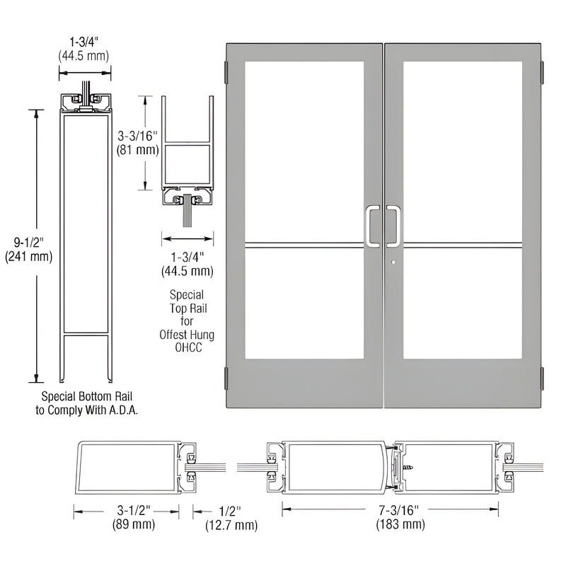 Technical diagram showing the elevation and cross-section profiles of a Series 400 medium stile butt hinged entrance door pair with clear anodized finish.
