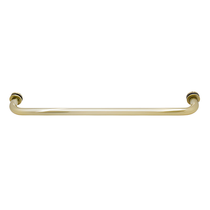 A front-facing view of the 18-inch brushed bronze tubular towel bar with mounting washers.