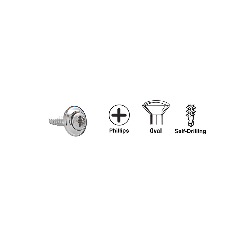 A chrome oval head Phillips self-drilling screw with a countersunk washer shown alongside technical icons.