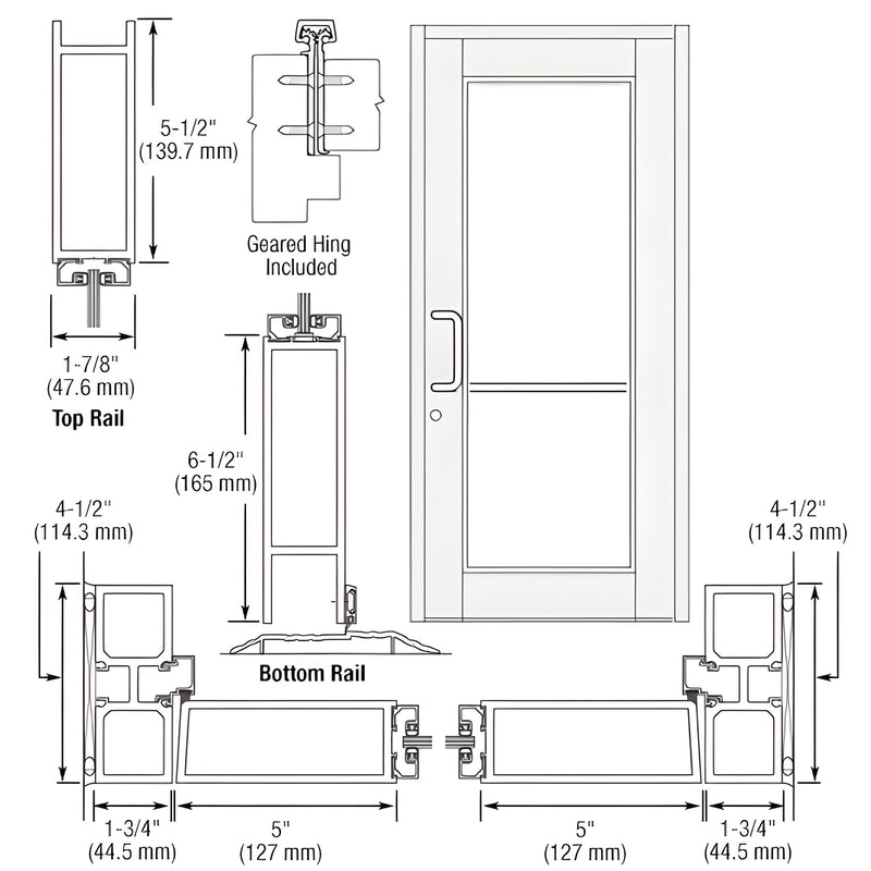 Technical diagram showing the profile dimensions for the Series 850 Durafront wide stile entrance door with geared hinge.