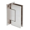 A brushed nickel Trento full back shower door hinge shown from an angled perspective.