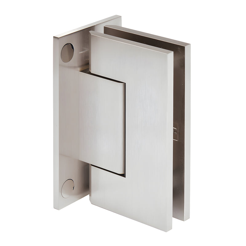 A brushed nickel Trento full back shower door hinge shown from an angled perspective.