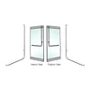A polished stainless steel right hand reverse rail mount D-handle shown in isolation and on a glass door.