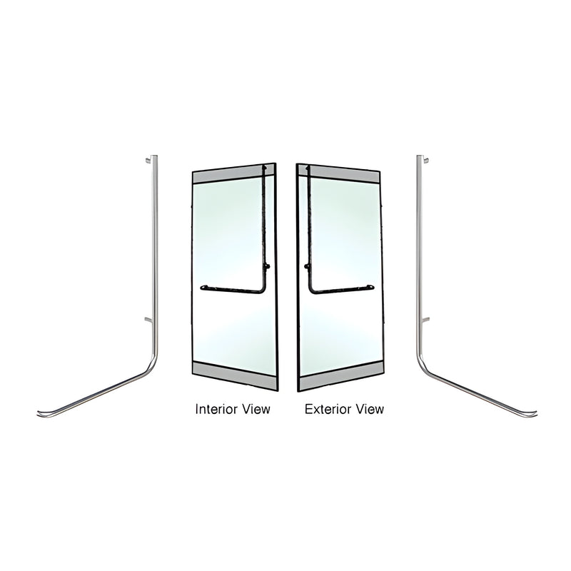 A polished stainless steel right hand reverse rail mount D-handle shown in isolation and on a glass door.