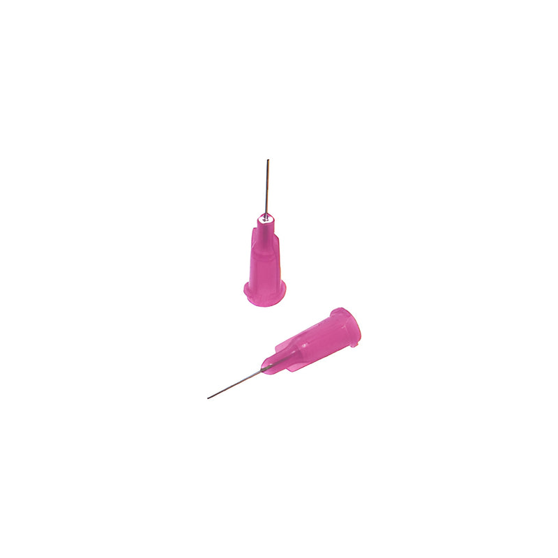 Two red plastic UV adhesive dispensing needles with fine metal tips are shown against a white background.