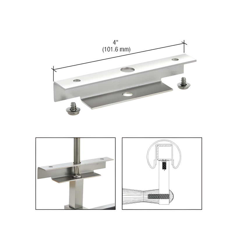 A polished stainless steel hand rail bracket saddle adapter measuring 4 inches in length with mounting hardware.