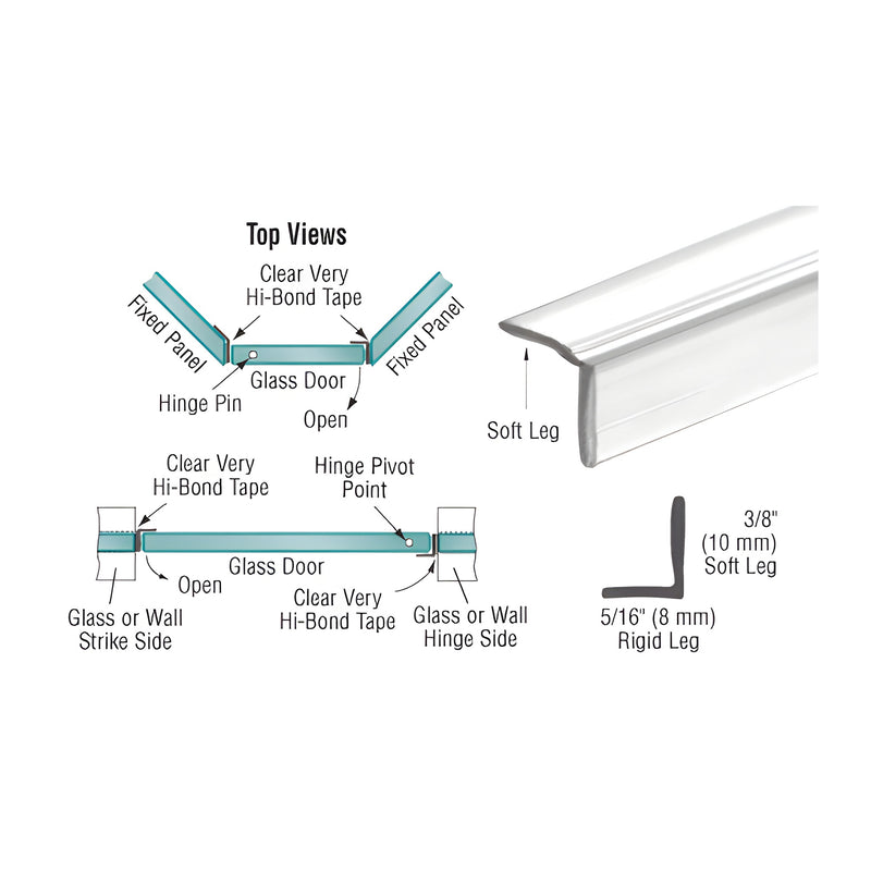 A technical diagram and product view showing the clear vinyl L-seal profile with a soft leg for 3/8 inch gaps.